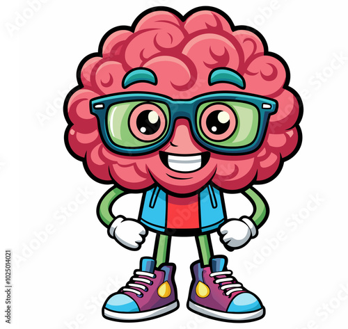 Vector illustration of cartoon characters featuring a healthy brain and heart with arms, legs, and sunglasses. There are various styles of nerdy cartoon brains presenting outlines and icons.