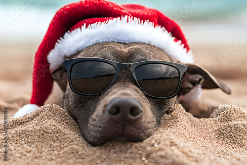 portrait of cute pitbull reasting on the beach; dog in sunglasses and christmas hat; xmas / winter traveler photo