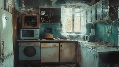 Abandoned Farmhouse Kitchen, a neglected space with cobwebs, dusty appliances, evoking memories of a once vibrant home. photo