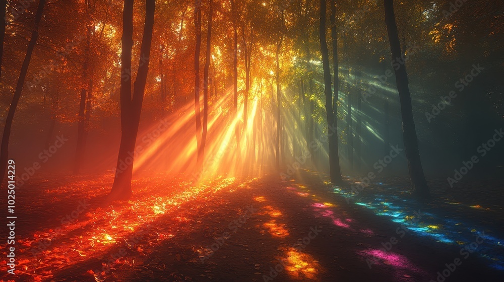 Naklejka premium surreal forest where the leaves on the trees are made of rainbow glass, and beams of multicolored light pierce through the thick mist