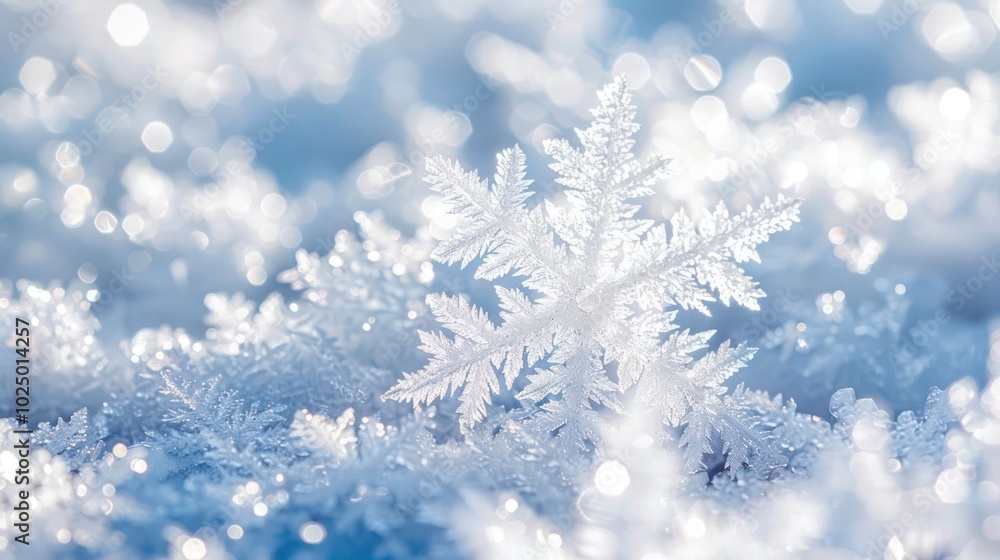 A single snowflake rests on a bed of sparkling snow, showcasing its intricate details and delicate beauty. A single snowflake rests on a bed of sparkling snow, showcasing its intricate details and delicate beauty.