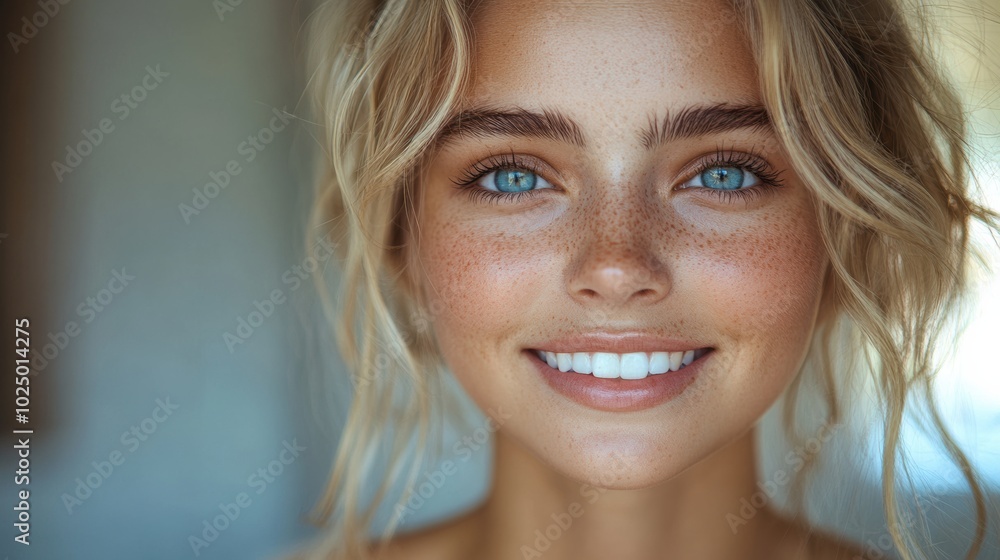 Close-up portrait of young blonde woman with freckles, smiling brightly, natural beauty, soft lighting, carefree summer day, outdoor vibes, radiant expression, positive energy Close-up portrait of young blonde woman with freckles, smiling brightly, natural beauty, soft lighting, carefree summer day, outdoor vibes, radiant expression, positive energy