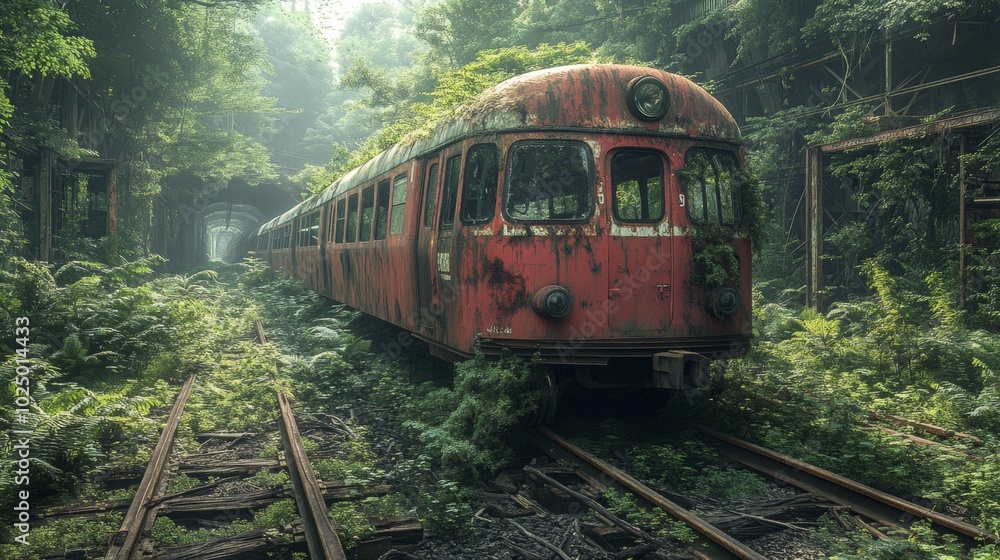 Abandoned railway car enveloped in lush greenery, nature reclaiming forgotten transportation relic amidst vibrant wild plants Abandoned railway car enveloped in lush greenery, nature reclaiming forgotten transportation relic amidst vibrant wild plants