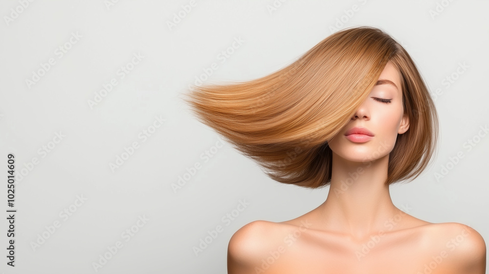 A model with perfectly styled, glossy hair that looks incredibly healthy and luxurious. The lighting emphasizes the shine and smoothness. Hair care concept A model with perfectly styled, glossy hair that looks incredibly healthy and luxurious. The lighting emphasizes the shine and smoothness. Hair care concept