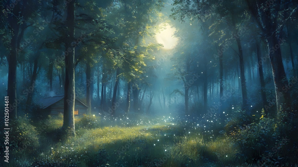 Enchanting Moonlit Forest Glade with Bioluminescent Fungi and Cozy Cabin Inviting Tranquil Respite Enchanting Moonlit Forest Glade with Bioluminescent Fungi and Cozy Cabin Inviting Tranquil Respite