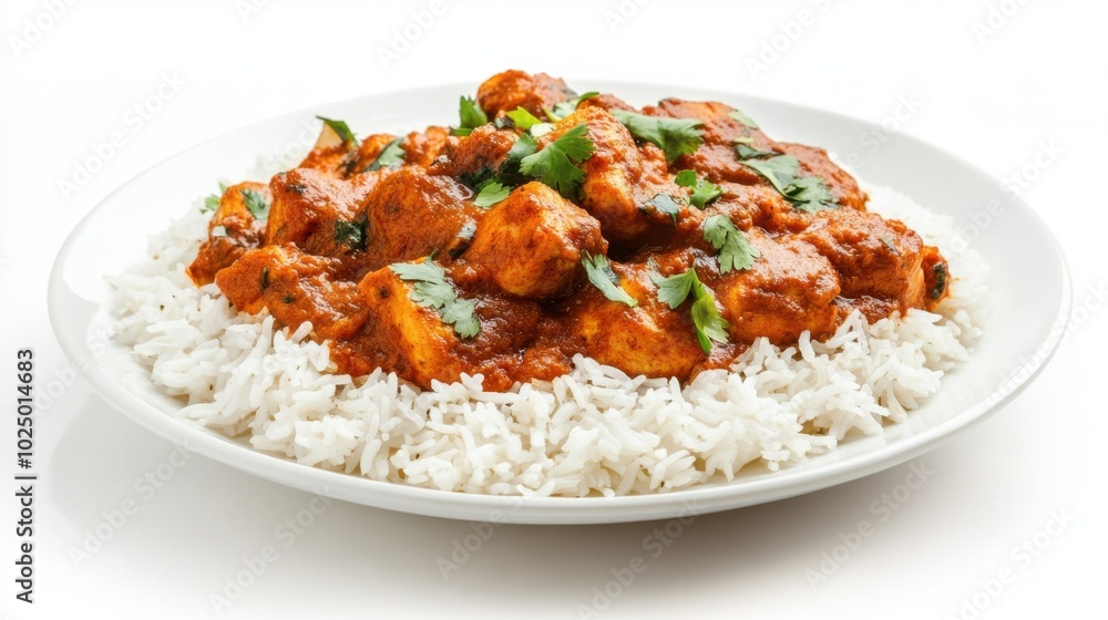Traditional Indian chicken curry with rice, served on a white plate, isolated on a white background, emphasizing the rich colors and textures Traditional Indian chicken curry with rice, served on a white plate, isolated on a white background, emphasizing the rich colors and textures