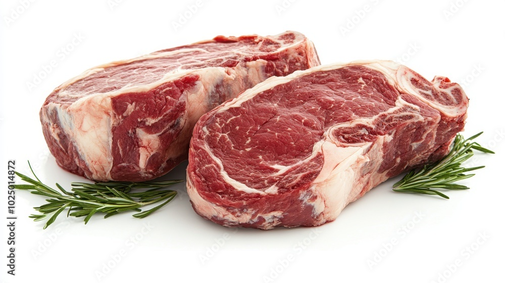 Two beautifully marbled rib-eye steaks stacked together, isolated on a white background, perfect for highlighting premium cuts of meat Two beautifully marbled rib-eye steaks stacked together, isolated on a white background, perfect for highlighting premium cuts of meat