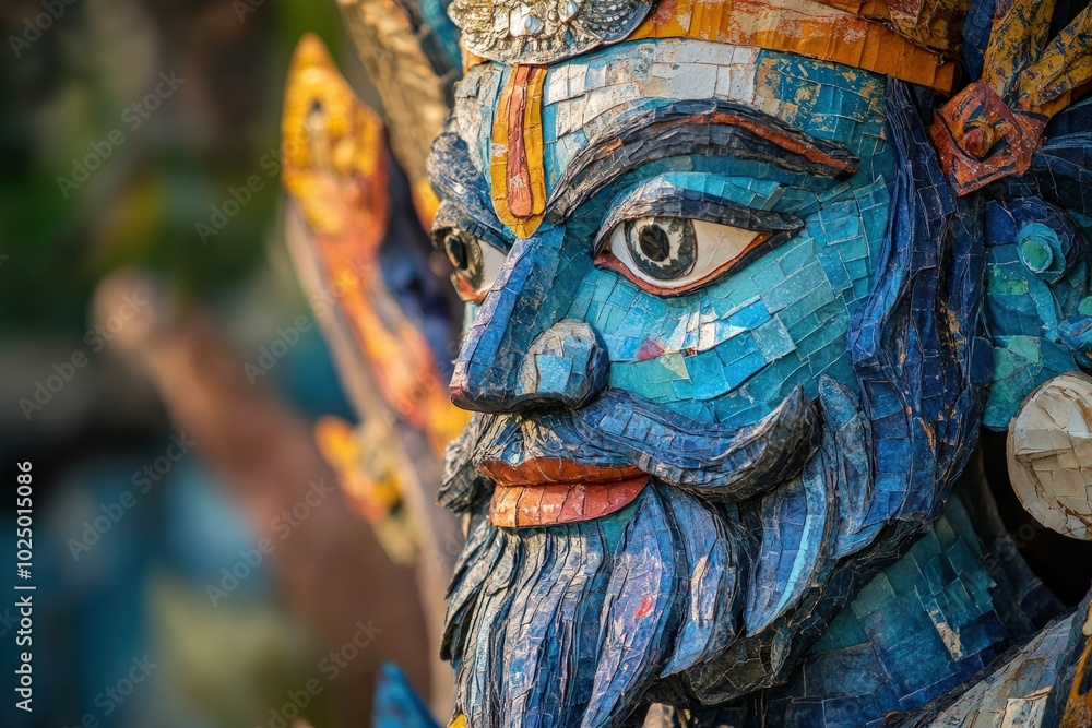 Fototapeta premium A sustainable idol of Lord Hanuman, made from biodegradable clay mixed with seeds, designed to dissolve and grow into plants when immersed in water, symbolizing devotion and renewal