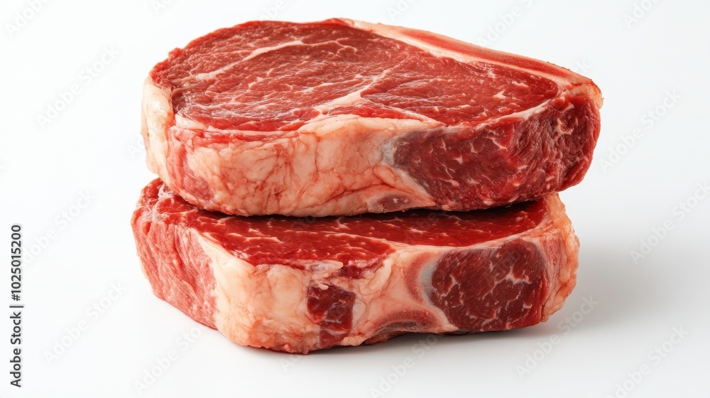 Two juicy raw rib-eye steaks stacked one on top of the other, isolated on a clean white background, highlighting the marbling and freshness of the meat Two juicy raw rib-eye steaks stacked one on top of the other, isolated on a clean white background, highlighting the marbling and freshness of the meat
