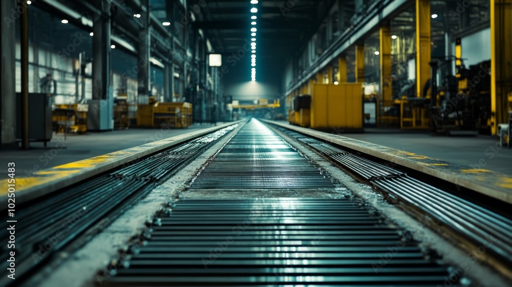 Industrial Conveyor Belt in a Factory Setting Industrial Conveyor Belt in a Factory Setting