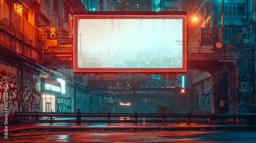 A futuristic cityscape at night, illuminated by neon lights. A large billboard with a blank screen dominates the alleyway, reflecting the city's skyline.