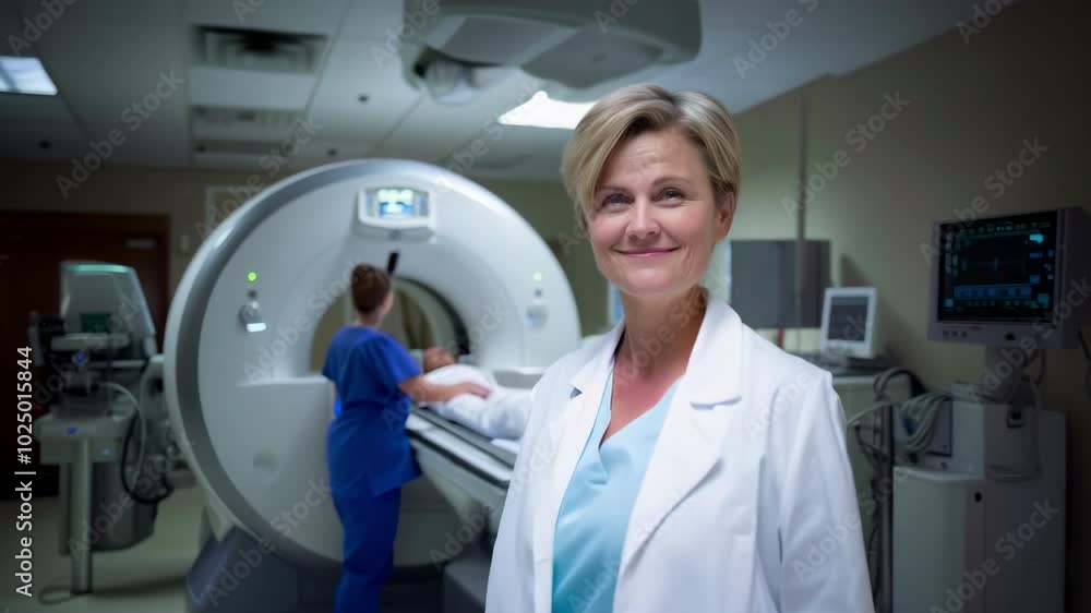 Radiologist or Professional Female Doctor Stands in from of MRI or CT or PET Scan Advanced Medical Technologies. In the Background Patient Undergoing Procedure.
Radiologist or Professional Female Doctor Stands in from of MRI or CT or PET Scan Advanced Medical Technologies. In the Background Patient Undergoing Procedure.