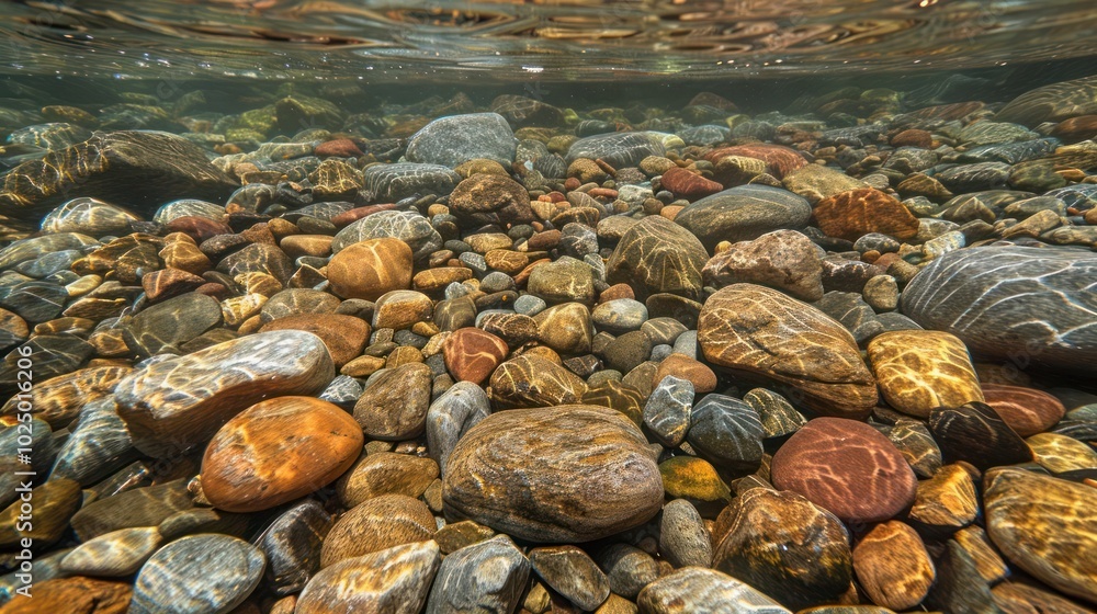 Underwater view of a riverbed with smooth, colorful rocks. Underwater view of a riverbed with smooth, colorful rocks.