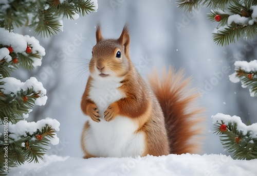 cute squirrel on snow background with copy space, winter, christmas and new year concept