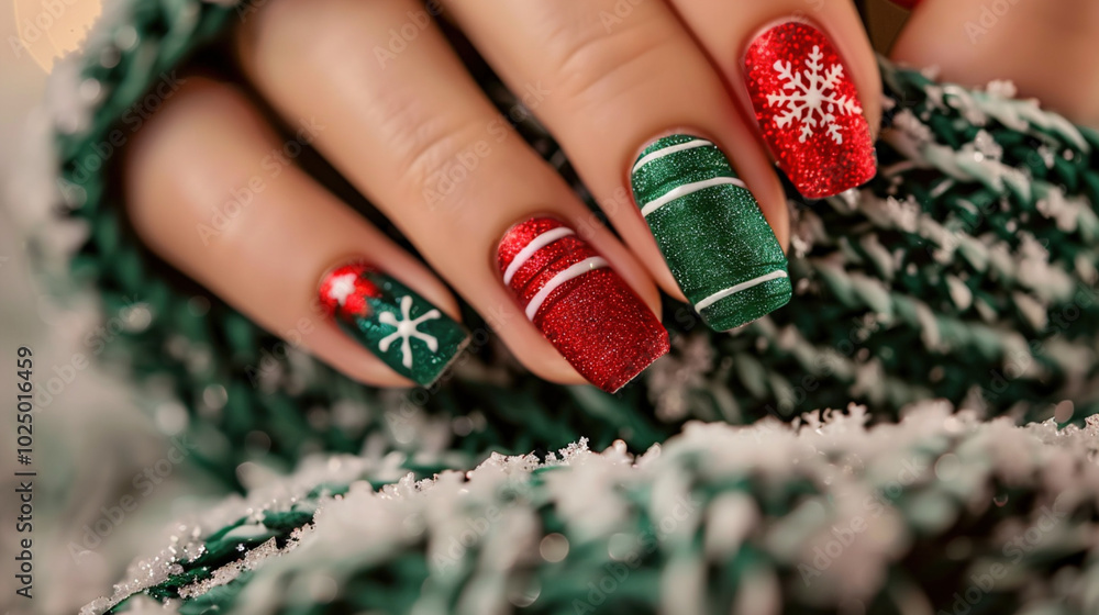 Xmas and New Year's manicure celebration concept. Professional woman's fingernails with striped green and red colored nail polish with seasonal Christmas themed design Xmas and New Year's manicure celebration concept. Professional woman's fingernails with striped green and red colored nail polish with seasonal Christmas themed design