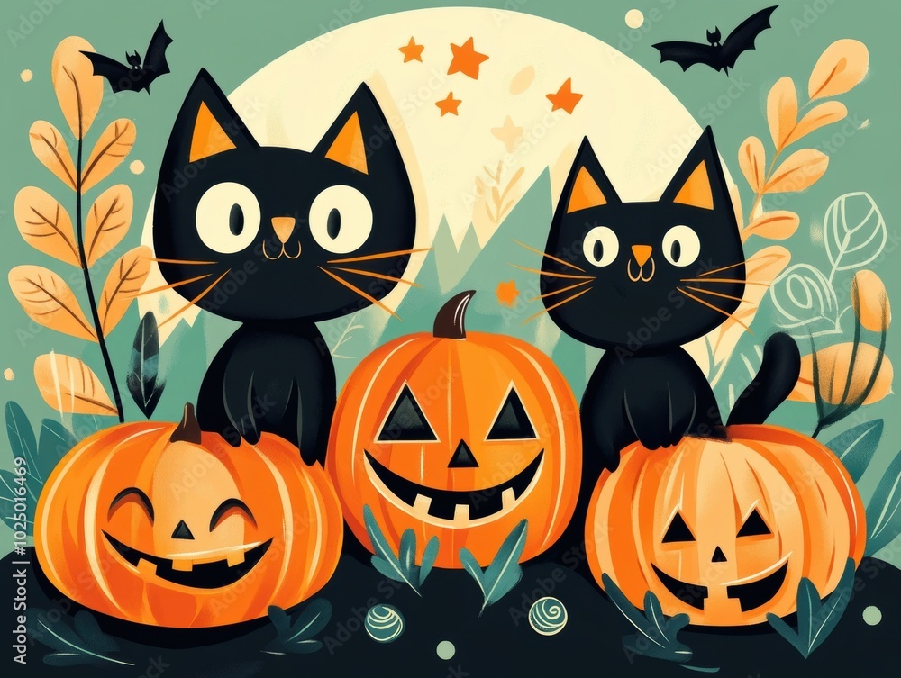 Two playful black cats surrounded by smiling pumpkins under a full moon, set in a whimsical Halloween scene Two playful black cats surrounded by smiling pumpkins under a full moon, set in a whimsical Halloween scene