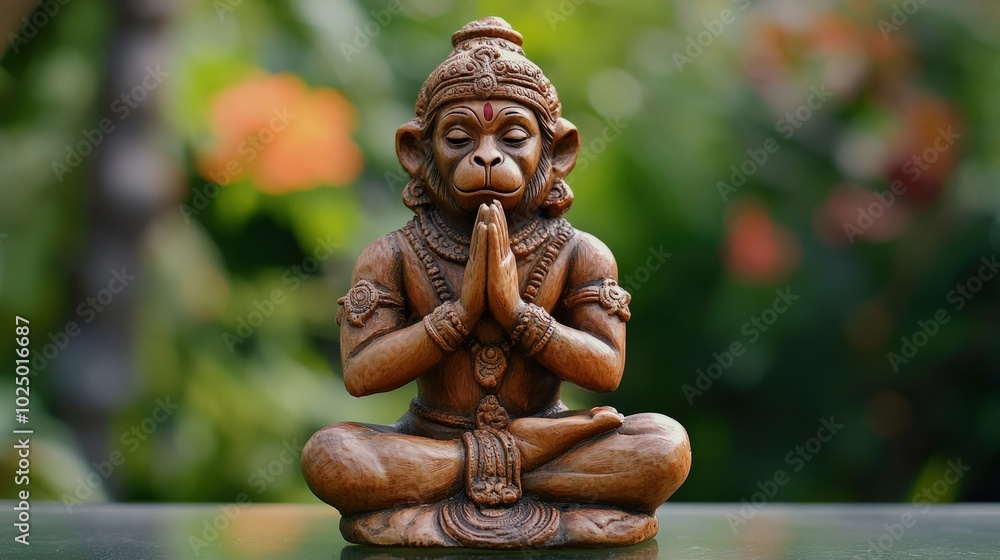 An eco-friendly statue of Lord Hanuman bowing in devotion, crafted from biodegradable materials and painted with non-toxic colors, representing humility and environmental responsibility An eco-friendly statue of Lord Hanuman bowing in devotion, crafted from biodegradable materials and painted with non-toxic colors, representing humility and environmental responsibility