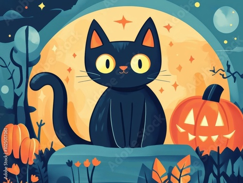 A curious black cat sits on a rock beside a carved pumpkin, illuminated by a glowing full moon in a Halloween setting photo