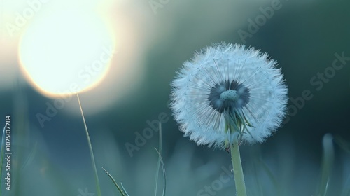 A single dandelion seed head with a blurred sunset background. photo