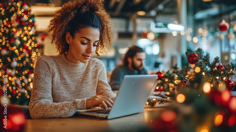 Employee working in Christmas-decorated office. AI generated illustration. Employee working in Christmas-decorated office. AI generated illustration.