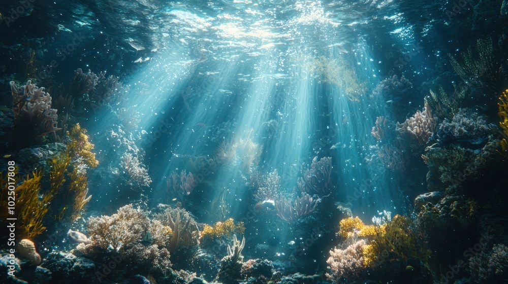 Naklejka premium Sunlight filtering through vibrant coral reef underwater