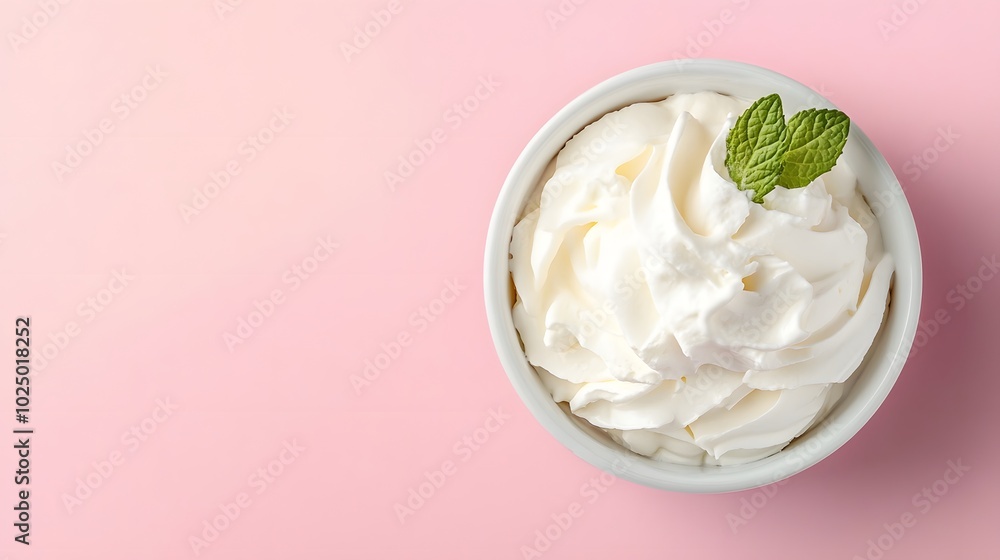 1. A top-down view of a bowl of creamy sour cream placed on a soft pastel background, creating a clean and inviting atmosphere with ample copy space for product presentation 1. A top-down view of a bowl of creamy sour cream placed on a soft pastel background, creating a clean and inviting atmosphere with ample copy space for product presentation