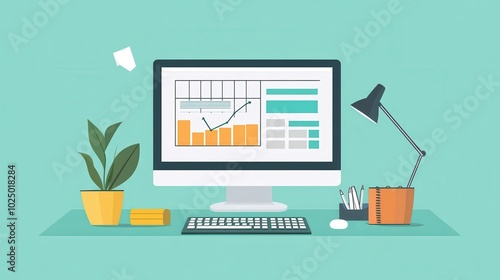 Modern workspace with computer displaying graphs, plant, lamp, and office supplies on a turquoise background, indicating productivity. photo