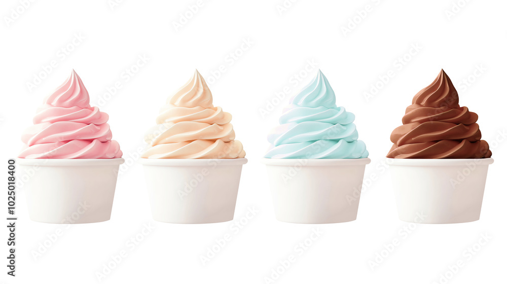 Colorful soft serve ice cream in cups, featuring pink, vanilla, mint, and chocolate flavors, isolated on white. Colorful soft serve ice cream in cups, featuring pink, vanilla, mint, and chocolate flavors, isolated on white.