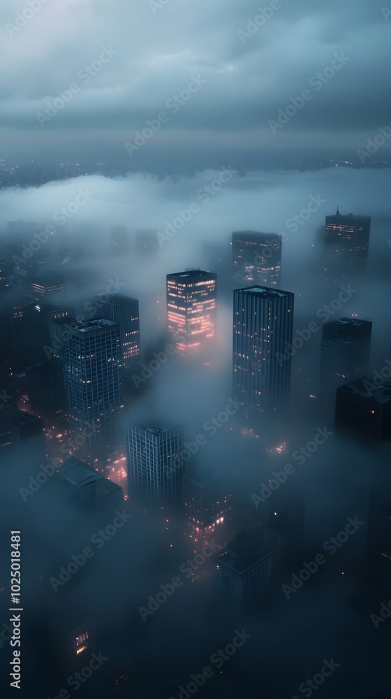 Obraz premium Aerial view of modern cityscape shrouded in fog with skyscrapers illuminated by warm lights