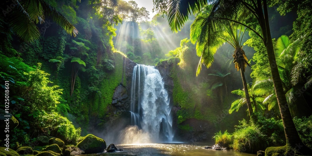 Tropical waterfall in jungle with clear silhouette against the sunlight Tropical waterfall in jungle with clear silhouette against the sunlight