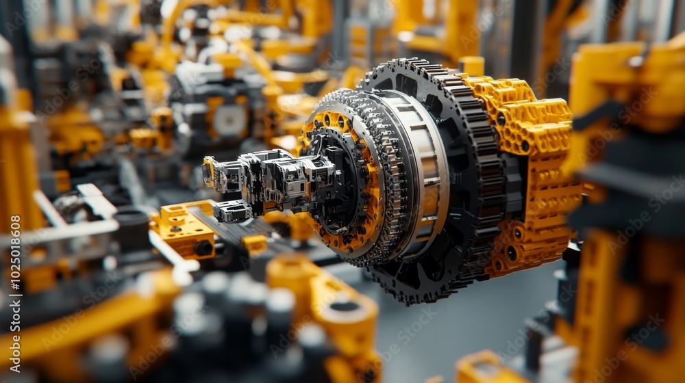 Obraz premium Close-up of Complex Industrial Machinery with Yellow and Silver Components