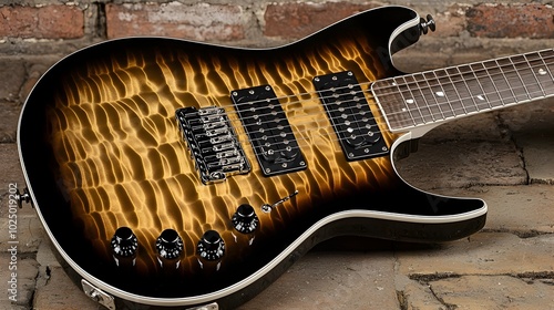 A classic acoustic guitar leaning against a plain brick wall with an isolated background showcasing the instrument s wooden body fretboard and strings in a simple minimalist setting photo