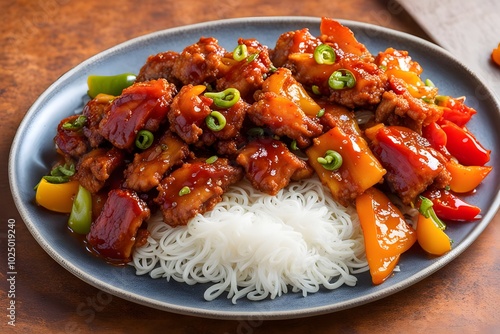 A platter of tangsuyuk korean style sweet and sour pork crispy fried, Ai Generated photo