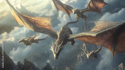 Majestic Dragon Family Soaring Through Fantastical Skies with Iridescent Scales