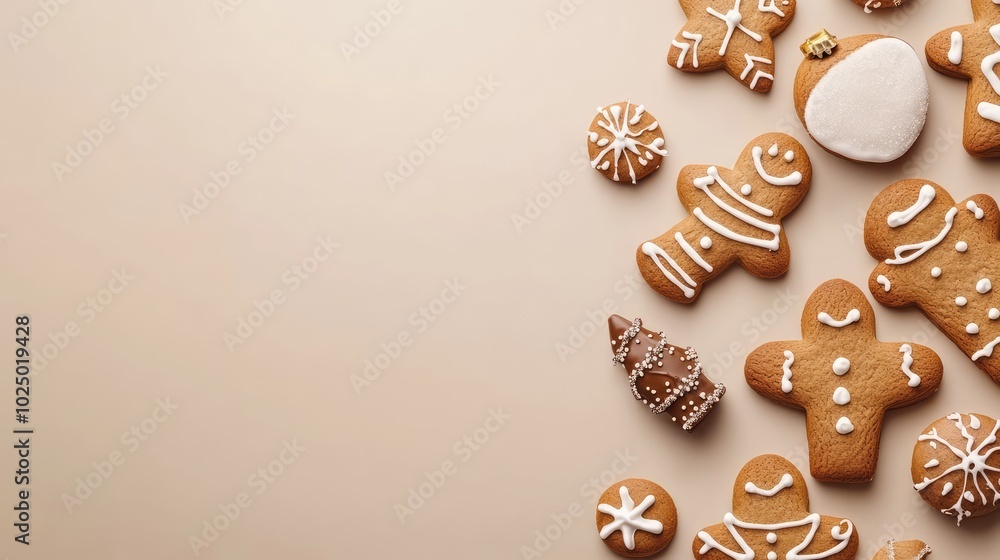 Gingerbread cookies on beige background. AI generated illustration. Gingerbread cookies on beige background. AI generated illustration.