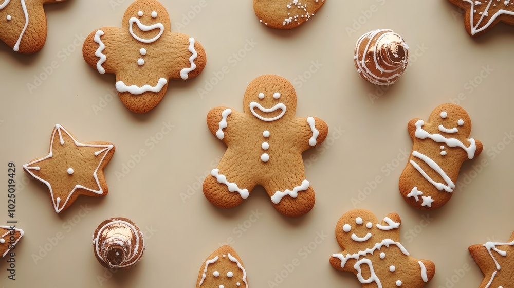Gingerbread cookies on beige background. AI generated illustration. Gingerbread cookies on beige background. AI generated illustration.