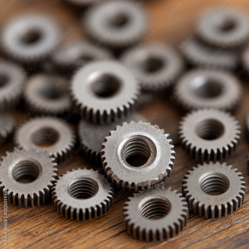 A close-up of metallic gears with threaded interiors on a wooden surface. A close-up of metallic gears with threaded interiors on a wooden surface.
