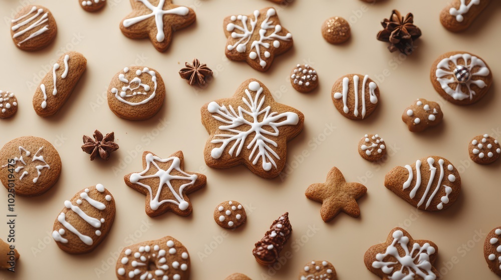 Gingerbread cookies on beige background. AI generated illustration. Gingerbread cookies on beige background. AI generated illustration.