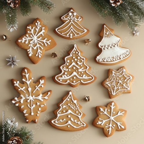 Gingerbread cookies on beige background. AI generated illustration.