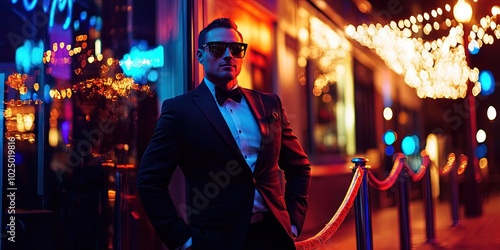 well dressed bouncer standing outside nightclub, velvet rope photo