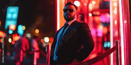 well dressed bouncer standing outside nightclub, velvet rope