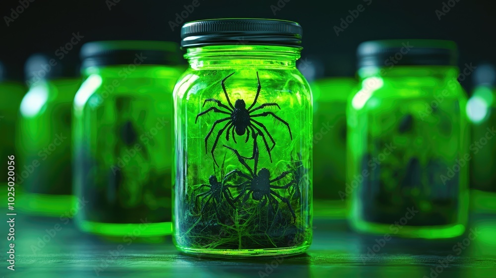 Spooky green jars filled with spiders, creating an eerie atmospheric effect. Spooky green jars filled with spiders, creating an eerie atmospheric effect.