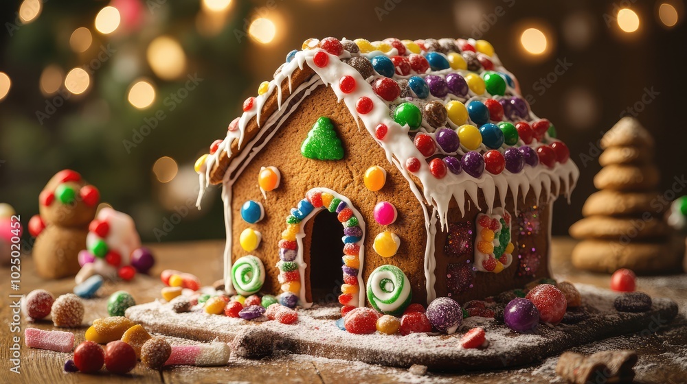 Naklejka premium Gingerbread house with colorful candies. AI generated illustration.