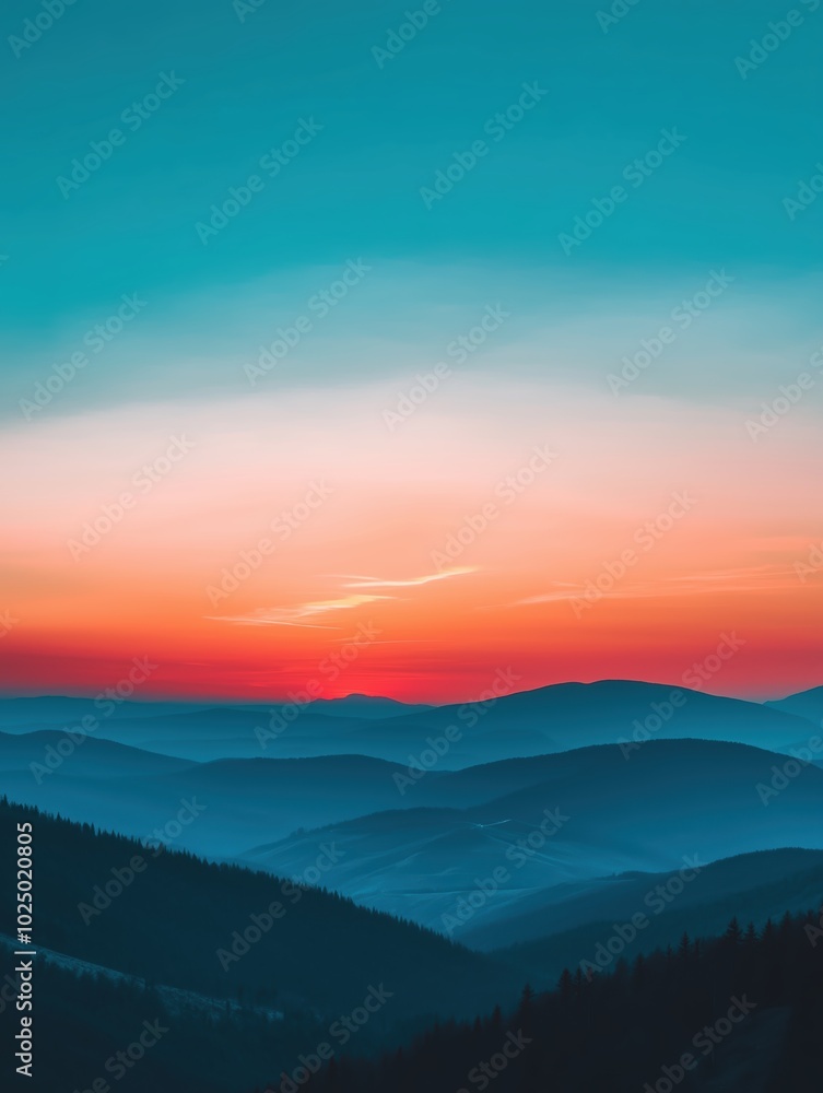 Vivid sunrise over layered mountain ranges, casting a gradient from deep blue to fiery orange in the sky, creating a tranquil and breathtaking landscape. Vivid sunrise over layered mountain ranges, casting a gradient from deep blue to fiery orange in the sky, creating a tranquil and breathtaking landscape.