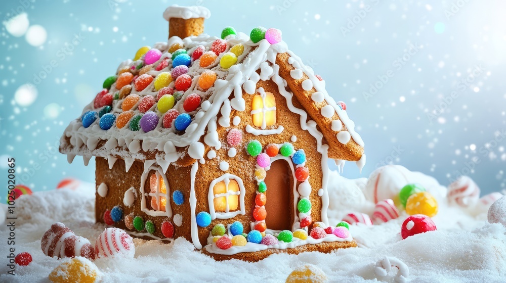 Naklejka premium Gingerbread house with colorful candies. AI generated illustration.