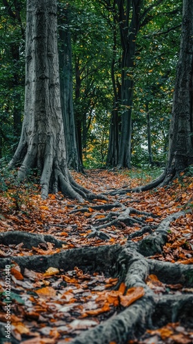 Tranquil Forest Path Covered in Autumn Leaves