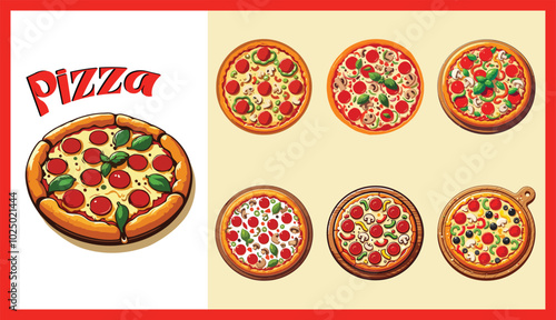 Pizza vector illustration set with different colors background