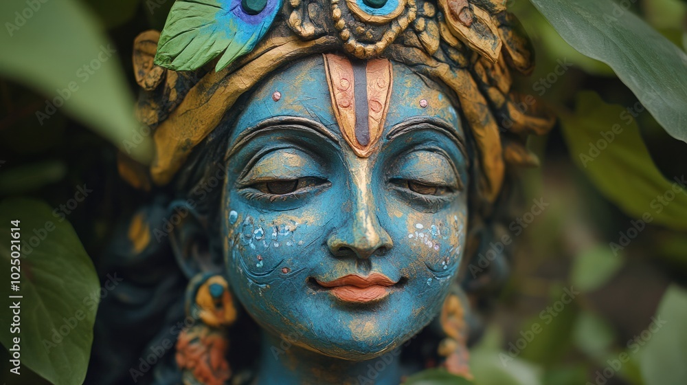 An eco-friendly statue of Lord Krishna, sculpted from recycled paper and clay, painted with natural dyes, symbolizing divine love and care for nature