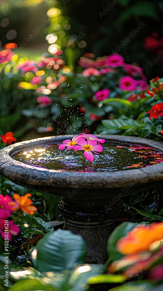 Tranquil Small Garden Fountain Surrounded by Flowers Tranquil Small Garden Fountain Surrounded by Flowers