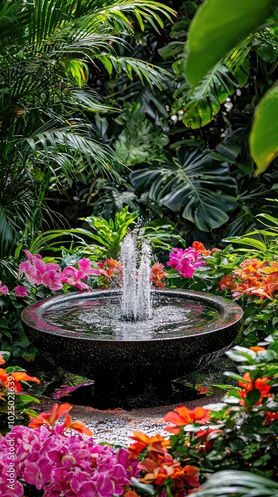 Serene Small Garden with Fountain Surrounded by Flowers Serene Small Garden with Fountain Surrounded by Flowers